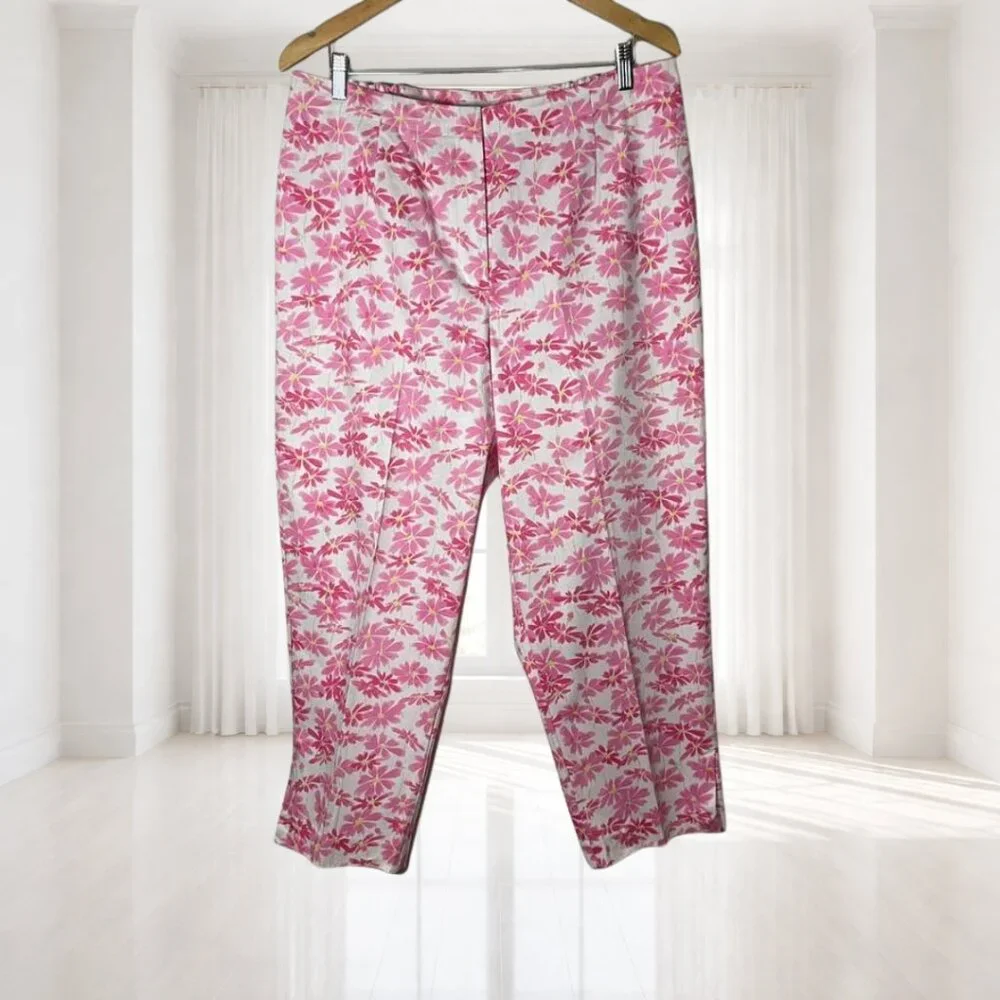 Liz Claiborne Woman Michaela Floral Ankle Pants 16W Pink Stretch Cotton Career - Picture 2 of 14